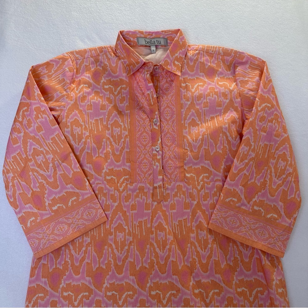 Bella Tu Dress Collar V Neck 3/4 Sleeve Vibrant Orange & Pink Women’s Size S - Picture 9 of 10